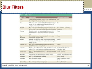 Chapter 6 Applying Filters and Patterns 14
Blur Filters
 