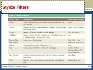 Chapter 6 Applying Filters and Patterns 23
Stylize Filters
 