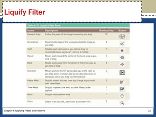 Chapter 6 Applying Filters and Patterns 25
Liquify Filter
 