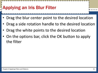 • Drag the blur center point to the desired location
• Drag a side rotation handle to the desired location
• Drag the white points to the desired location
• On the options bar, click the OK button to apply
the filter
Chapter 6 Applying Filters and Patterns 41
Applying an Iris Blur Filter
 