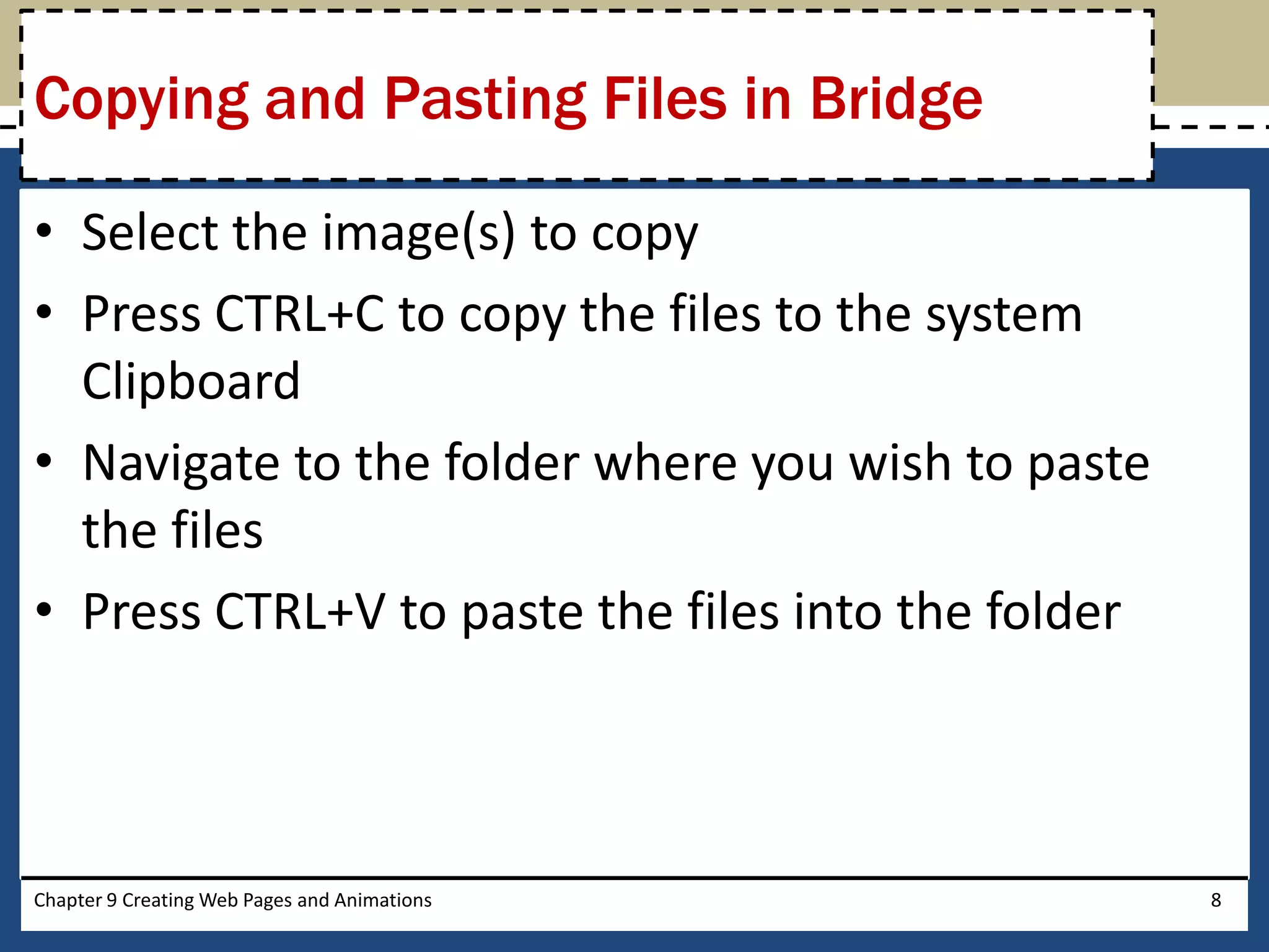 • Select the image(s) to copy
• Press CTRL+C to copy the files to the system
Clipboard
• Navigate to the folder where you wish to paste
the files
• Press CTRL+V to paste the files into the folder
Chapter 9 Creating Web Pages and Animations 8
Copying and Pasting Files in Bridge
 