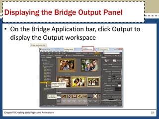 • On the Bridge Application bar, click Output to
display the Output workspace
Chapter 9 Creating Web Pages and Animations 10
Displaying the Bridge Output Panel
 
