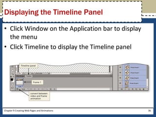 • Click Window on the Application bar to display
the menu
• Click Timeline to display the Timeline panel
Chapter 9 Creating Web Pages and Animations 36
Displaying the Timeline Panel
 