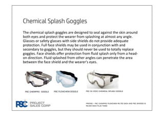 Chemical Splash Goggles
The chemical splash goggles are designed to seal against the skin around 
both eyes and protect the wearer from splashing at almost any angle. 
Glasses or safety glasses with side shields do not provide adequate 
protection. Full face shields may be used in conjunction with and 
secondary to goggles, but they should never be used to totally replace 
goggles. Face shields offer protection from fluid splash only from a head‐
on direction. Fluid splashed from other angles can penetrate the area 
between the face shield and the wearer's eyes.
PSC GV 2000 Chemical Splash GOGGLE
Pricing – PSC CHEMPRO/flexichem Rs.750 each and psc giv2000 is
rs.200 each plus taxes
 