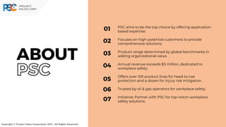 ABOUT
PSC aims to be the top choice by offering application-
based expertise.
Focuses on high-potential customers to provide
comprehensive solutions.
Product range determined by global benchmarks in
adding organizational value.
Annual revenue exceeds $3 million, dedicated to
workplace safety.
Offers over 100 product lines for head-to-toe
protection and a dozen for injury risk mitigation.
Trusted by oil & gas operators for workplace safety.
Initiative: Partner with PSC for top-notch workplace
safety solutions.
01
02
03
04
05
06
07
Copyright © Project Sales Corporation 2021. All Rights Reserved.
PSC
 