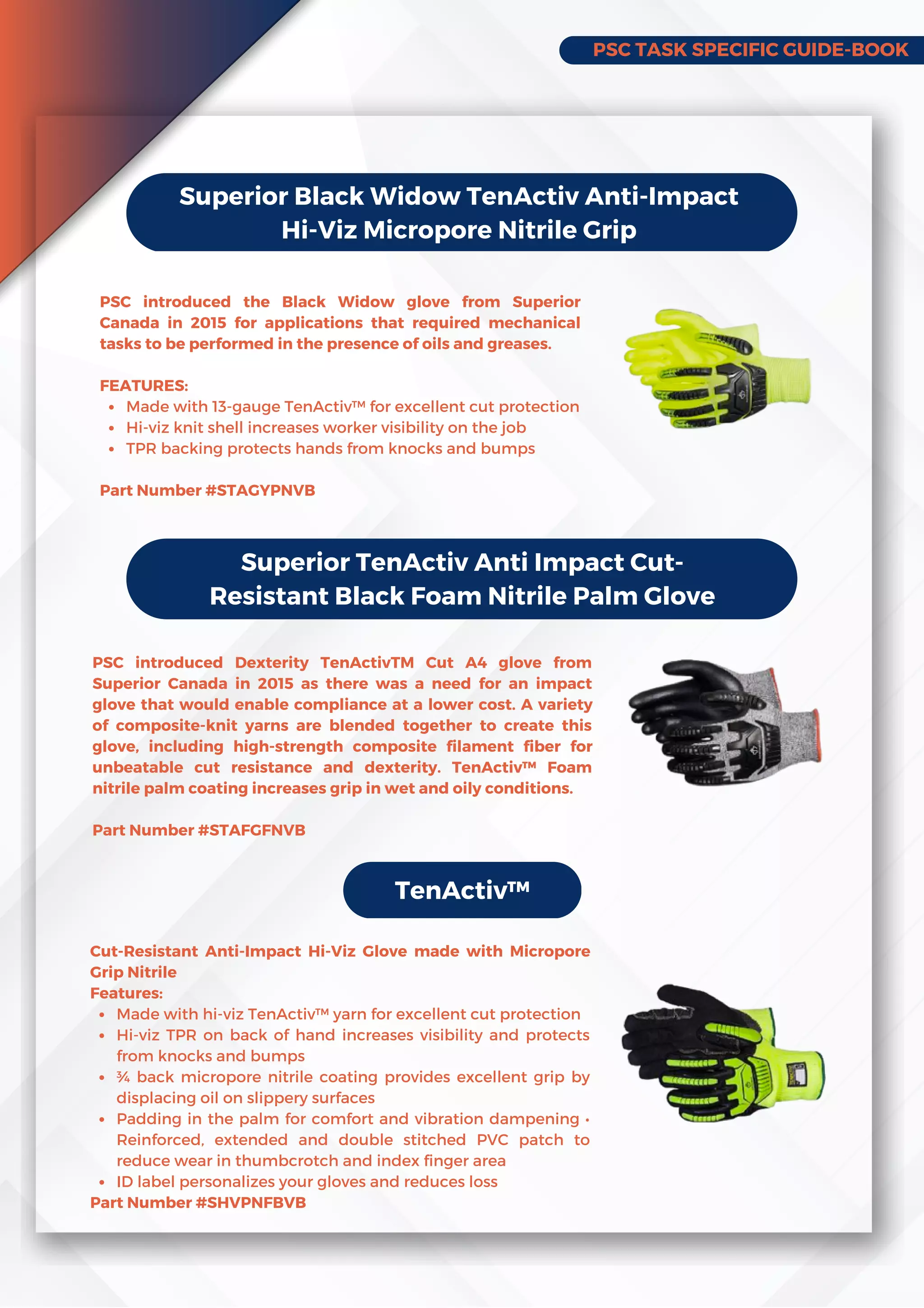 PSC TASK SPECIFIC GUIDE-BOOK
Superior Black Widow TenActiv Anti-Impact
Hi-Viz Micropore Nitrile Grip
Made with 13-gauge TenActiv™ for excellent cut protection
Hi-viz knit shell increases worker visibility on the job
TPR backing protects hands from knocks and bumps
PSC introduced the Black Widow glove from Superior
Canada in 2015 for applications that required mechanical
tasks to be performed in the presence of oils and greases.
FEATURES:
Part Number #STAGYPNVB
PSC introduced Dexterity TenActivTM Cut A4 glove from
Superior Canada in 2015 as there was a need for an impact
glove that would enable compliance at a lower cost. A variety
of composite-knit yarns are blended together to create this
glove, including high-strength composite filament fiber for
unbeatable cut resistance and dexterity. TenActiv™ Foam
nitrile palm coating increases grip in wet and oily conditions.
Part Number #STAFGFNVB
Superior TenActiv Anti Impact Cut-
Resistant Black Foam Nitrile Palm Glove
TenActiv™
Made with hi-viz TenActiv™ yarn for excellent cut protection
Hi-viz TPR on back of hand increases visibility and protects
from knocks and bumps
¾ back micropore nitrile coating provides excellent grip by
displacing oil on slippery surfaces
Padding in the palm for comfort and vibration dampening •
Reinforced, extended and double stitched PVC patch to
reduce wear in thumbcrotch and index finger area
ID label personalizes your gloves and reduces loss
Cut-Resistant Anti-Impact Hi-Viz Glove made with Micropore
Grip Nitrile
Features:
Part Number #SHVPNFBVB
 