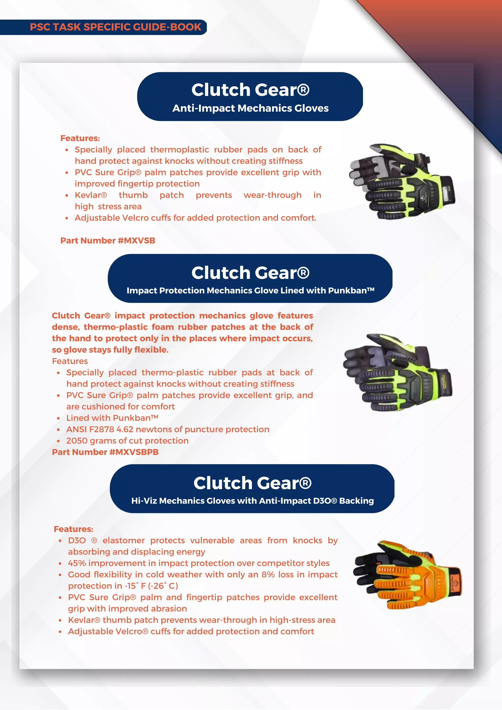 PSC TASK SPECIFIC GUIDE-BOOK
Clutch Gear®
Anti-Impact Mechanics Gloves
Specially placed thermoplastic rubber pads on back of
hand protect against knocks without creating stiffness
PVC Sure Grip® palm patches provide excellent grip with
improved fingertip protection
Kevlar® thumb patch prevents wear-through in
highstress area
Adjustable Velcro cuffs for added protection and comfort.
Features:
Part Number #MXVSB
Clutch Gear®
Impact Protection Mechanics Glove Lined with Punkban™
Specially placed thermo-plastic rubber pads at back of
hand protect against knocks without creating stiffness
PVC Sure Grip® palm patches provide excellent grip, and
are cushioned for comfort
Lined with Punkban™
ANSI F2878 4.62 newtons of puncture protection
2050 grams of cut protection
Clutch Gear® impact protection mechanics glove features
dense, thermo-plastic foam rubber patches at the back of
the hand to protect only in the places where impact occurs,
so glove stays fully flexible.
Features
Part Number #MXVSBPB
Clutch Gear®
Hi-Viz Mechanics Gloves with Anti-Impact D3O® Backing
D3O ® elastomer protects vulnerable areas from knocks by
absorbing and displacing energy
45% improvement in impact protection over competitor styles
Good flexibility in cold weather with only an 8% loss in impact
protection in -15° F (-26° C)
PVC Sure Grip® palm and fingertip patches provide excellent
grip with improved abrasion
Kevlar® thumb patch prevents wear-through in high-stress area
Adjustable Velcro® cuffs for added protection and comfort
Features:
 