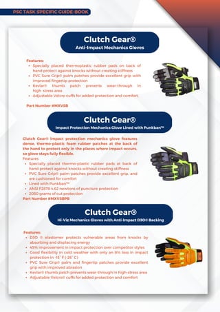 PSC TASK SPECIFIC GUIDE-BOOK
Clutch Gear®
Anti-Impact Mechanics Gloves
Specially placed thermoplastic rubber pads on back of
hand protect against knocks without creating stiffness
PVC Sure Grip® palm patches provide excellent grip with
improved fingertip protection
Kevlar® thumb patch prevents wear-through in
highstress area
Adjustable Velcro cuffs for added protection and comfort.
Features:
Part Number #MXVSB
Clutch Gear®
Impact Protection Mechanics Glove Lined with Punkban™
Specially placed thermo-plastic rubber pads at back of
hand protect against knocks without creating stiffness
PVC Sure Grip® palm patches provide excellent grip, and
are cushioned for comfort
Lined with Punkban™
ANSI F2878 4.62 newtons of puncture protection
2050 grams of cut protection
Clutch Gear® impact protection mechanics glove features
dense, thermo-plastic foam rubber patches at the back of
the hand to protect only in the places where impact occurs,
so glove stays fully flexible.
Features
Part Number #MXVSBPB
Clutch Gear®
Hi-Viz Mechanics Gloves with Anti-Impact D3O® Backing
D3O ® elastomer protects vulnerable areas from knocks by
absorbing and displacing energy
45% improvement in impact protection over competitor styles
Good flexibility in cold weather with only an 8% loss in impact
protection in -15° F (-26° C)
PVC Sure Grip® palm and fingertip patches provide excellent
grip with improved abrasion
Kevlar® thumb patch prevents wear-through in high-stress area
Adjustable Velcro® cuffs for added protection and comfort
Features:
 