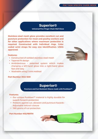 PSC TASK SPECIFIC GUIDE-BOOK
Superior®
Universal Five-Finger Chain Mail Glove
Constructed of welded stainless-steel mesh
Tapered fit design
Ambidextrous – patented system which makes
changing a left-hand glove into a right-hand glove
fast and easy
Washable using 3 sink method
Stainless-steel mesh glove provides excellent cut and
puncture protection for meat and poultry workers and
for other applications where maximum protection is
required. Constructed with individual rings. Color
coded wrist straps for easy size identification. USDA
approved.
Features:
Part Number #GU-500
Superior®
Puncture and Cut-Resistant Sleeve made with Punkban™
Our unique Punkban™ material is highly durable for
superb forearm protection
Protects against cut, abrasion and puncture hazards •
Adjustable Velcro® closure
1981 grams of cut protection
Features:
Part Number #SLPB9TH
 