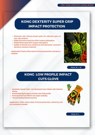 PSC TASK SPECIFIC GUIDE-BOOK
KONG DEXTERITY SUPER GRIP
IMPACT PROTECTION
Diamond clad silicone-fused palm for ultimate grip on
wet, oily surfaces
KONG Knuckle protection 90% impact absorption
KONG Metacarpal 80% impact absorption
Saddle & thumb area reinforced with Duraclad- exclusive
abrasion resistant material.
Application Tasks where back of hand protection and grip is
needed.
KONG LOW PROFILE IMPACT
CUT5 GLOVE
Synthetic Suede Palm- Cut Resistant Liner Made with DuPont
Kevlar
Breathable Nylon Back of Hand, thin TPR profile
Patented IVE Full TPR for low light visibility
Thumb Saddle Reinforcement.
Application Tasks where back of hand protection, dexterity and
cut resistance needed.
Sizes: M, L, XL
Sizes: M, L,
 