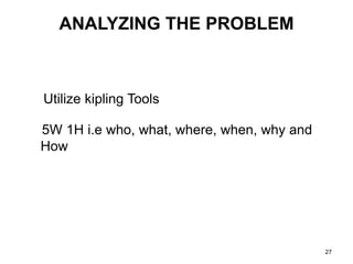 27
Utilize kipling Tools
5W 1H i.e who, what, where, when, why and
How
ANALYZING THE PROBLEM
 