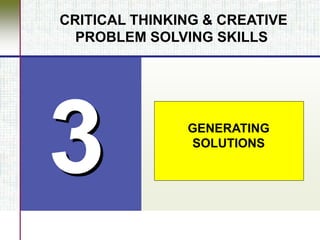 GENERATING
SOLUTIONS
CRITICAL THINKING & CREATIVE
PROBLEM SOLVING SKILLS
 