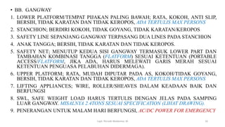 • BB. GANGWAY
1. LOWER PLATFORM/TEMPAT PIJAKAN PALING BAWAH; RATA, KOKOH, ANTI SLIP,
BERSIH, TIDAK KARATAN DAN TIDAK KEROPOS, ADA TERTULIS MAX PERSONS
2. STANCHION; BERDIRI KOKOH, TIDAK GOYANG, TIDAK KARATAN/KEROPOS
3. SAFETY LINE SEPANJANG GANGWAY TERPASANG DUA LINES PADA STANCHION
4. ANAK TANGGA; BERSIH, TIDAK KARATAN DAN TIDAK KEROPOS.
5. SAFETY NET; MENUTUP KEDUA SISI GANGWAY TERMASUK LOWER PART DAN
TAMBAHAN KOMBINASI TANGGA (FLATFORM) SESUAI KETENTUAN (PORTABLE
ACCESS/FLATFORM, JIKA ADA, HARUS MELEWATI GARIS MERAH SESUAI
KETENTUAN PENGUASA PELABUHAN DIDERMAGA).
6. UPPER PLATFORM; RATA, MUDAH DIPUTAR PADA AS, KOKOH/TIDAK GOYANG,
BERSIH, TIDAK KARATAN DAN TIDAK KEROPOS, ADA TERTULIS MAX PERSONS
7. LIFTING APPLIANCES; WIRE, ROLLER/SHEAVES DALAM KEADAAN BAIK DAN
BERFUNGSI
8. SWL, SAFE WEIGHT LOAD HARUS TERTULIS DENGAN JELAS PADA SAMPING
LUAR GANGWAY. MISALNYA 2.4TONS SESUAI SPECIFICATION (LIHAT DRAWING).
9. PENERANGAN UNTUK MALAM HARI BERFUNGSI, AC/DC POWER FOR EMERGENCY
Capt. Persobi Waldemar. M 16
 