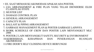 • EE. SAAT MEMASUKI AKOMODASI APAKAH ADA POSTER;
1. LSA ARRANGEMENT & FIRE PLAN YANG TELAH DIENDORSE OLEH
CLASS/FLAG STATE
2. MUSTER LIST
3. DAMAGE CONTROL PLAN
4. GENERAL ARRANGEMENT
5. CAPACITY PLAN
6. BALLAST & PIPING ARRANGEMENT
7. GARBAGE MANAGEMENT PLAN & POSTER GARBAGE LAINNYA
8. WORK SCHEDULE OF CREW DAN POSTER LAIN MENYANGKUT MLC
2006
9. POSTER-2 LAIN MENYANGKUT SAFETY, SECURITY & ENVIRONMENT
10.KEBERSIHAN, KERAPIHAN DAN PENERANGAN RUANGAN
AKOMODASI
11.FIRE DOOR’S SELF CLOSSING DEVICE BERFUNGSI
Capt. Persobi Waldemar. M 19
 
