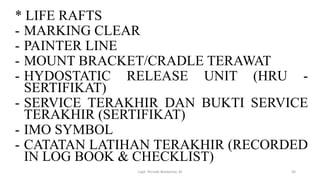 * LIFE RAFTS
- MARKING CLEAR
- PAINTER LINE
- MOUNT BRACKET/CRADLE TERAWAT
- HYDOSTATIC RELEASE UNIT (HRU -
SERTIFIKAT)
- SERVICE TERAKHIR DAN BUKTI SERVICE
TERAKHIR (SERTIFIKAT)
- IMO SYMBOL
- CATATAN LATIHAN TERAKHIR (RECORDED
IN LOG BOOK & CHECKLIST)
Capt. Persobi Waldemar. M 30
 