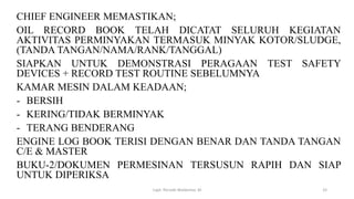 CHIEF ENGINEER MEMASTIKAN;
OIL RECORD BOOK TELAH DICATAT SELURUH KEGIATAN
AKTIVITAS PERMINYAKAN TERMASUK MINYAK KOTOR/SLUDGE,
(TANDA TANGAN/NAMA/RANK/TANGGAL)
SIAPKAN UNTUK DEMONSTRASI PERAGAAN TEST SAFETY
DEVICES + RECORD TEST ROUTINE SEBELUMNYA
KAMAR MESIN DALAM KEADAAN;
- BERSIH
- KERING/TIDAK BERMINYAK
- TERANG BENDERANG
ENGINE LOG BOOK TERISI DENGAN BENAR DAN TANDA TANGAN
C/E & MASTER
BUKU-2/DOKUMEN PERMESINAN TERSUSUN RAPIH DAN SIAP
UNTUK DIPERIKSA
Capt. Persobi Waldemar. M 33
 