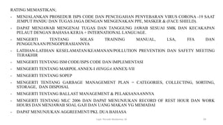 RATING MEMASTIKAN;
- MENJALANKAN PROSEDUR ISPS CODE DAN PENCEGAHAN PENYEBARAN VIRUS CORONA -19 SAAT
JEMPUT PANDU DAN TUGAS JAGA DENGAN MENGENAKAN PPE, MASKER & (FACE SHIELD).
- DAPAT MENJAWAB MENGENAI TUGAS DAN TANGGUNG JAWAB SESUAI SMK DAN KECAKAPAN
PELAUT DENGAN BAHASA KERJA + INTERNATIONAL LANGUAGE.
- MENGERTI TENTANG SOLAS TRAINING MANUAL, LSA, FFA DAN
PENGGUNAAN/PENGOPERASIANNYA
- LATIHAN-LATIHAN KESELAMATAN/KEAMANAN/POLLUTION PREVENTION DAN SAFETY MEETING
TERAKHIR
- MENGERTI TENTANG ISM CODE/ISPS CODE DAN IMPLEMENTASI
- MENGERTI TENTANG MARPOL ANNEX-I HINGGA ANNEX-VII
- MENGERTI TENTANG SOPEP
- MENGERTI TENTANG GARBAGE MANAGEMENT PLAN = CATEGORIES, COLLECTING, SORTING,
STORAGE, DAN DISPOSAL
- MENGERTI TENTANG BALLAST MANAGEMENT & PELAKSANAANNYA
- MENGERTI TENTANG MLC 2006 DAN DAPAT MENUNJUKAN RECORD OF REST HOUR DAN WORK
HOURS DAN MENJAWAB SOAL GAJI DAN UANG MAKAN YG MEMADAI
- DAPAT MENUNJUKAN AGGREEMENT/PKL DUA BAHASA
Capt. Persobi Waldemar. M 39
 