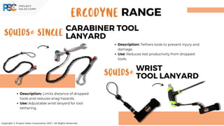SQUIDS®
WRIST
TOOL LANYARD
SQUIDS® SINGLE
CARABINER TOOL
LANYARD
Copyright © Project Sales Corporation 2021. All Rights Reserved.
Description: Tethers tools to prevent injury and
damage.
Use: Reduces lost productivity from dropped
tools.
Description: Limits distance of dropped
tools and reduces snag hazards.
Use: Adjustable wrist lanyard for tool
tethering.
ERGODYNE RANGE
 
