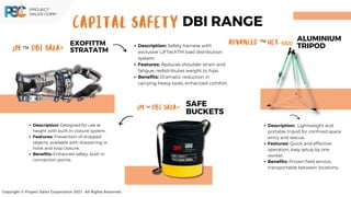 Advanced UCT-1000
ALUMINIUM
TRIPOD
3M DBI-SALA®
EXOFITTM
STRATATM
Copyright © Project Sales Corporation 2021. All Rights Reserved.
Description: Safety harness with
exclusive LIFTechTM load distribution
system.
Features: Reduces shoulder strain and
fatigue, redistributes weight to hips.
Benefits: Dramatic reduction in
carrying heavy tools, enhanced comfort.
Description: Lightweight and
portable tripod for confined space
entry and rescue.
Features: Quick and effective
operation, easy setup by one
worker.
Benefits: Proven field service,
transportable between locations.
CAPITAL SAFETY DBI RANGE
3M DBI-SALA®
SAFE
BUCKETS
Description: Designed for use at
height with built-in closure system.
Features: Prevention of dropped
objects, available with drawstring or
hook and loop closure.
Benefits: Enhanced safety, built-in
connection points.
TM
TM
TM
 