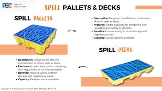 PALLETS
SPILL
Copyright © Project Sales Corporation 2021. All Rights Reserved.
PALLETS & DECKS
SPILL
DECKS
SPILL
Description: Designed for efficient containment
of drum spills or leaks.
Features: Ample capacity for complying with
regulations or facility protection.
Benefits: Ensures safety in drum storage and
dispensing areas.
Capacity: Varied options available.
Description: Designed for efficient
containment of drum spills or leaks.
Features: Ample capacity for complying
with regulations or facility protection.
Benefits: Ensures safety in drum
storage and dispensing areas.
Capacity: Varied options available.
 