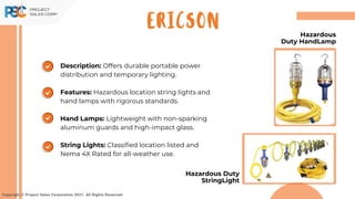 Copyright © Project Sales Corporation 2021. All Rights Reserved.
ERICSON
Description: Offers durable portable power
distribution and temporary lighting.
Features: Hazardous location string lights and
hand lamps with rigorous standards.
Hand Lamps: Lightweight with non-sparking
aluminum guards and high-impact glass.
String Lights: Classified location listed and
Nema 4X Rated for all-weather use.
Hazardous
Duty HandLamp
Hazardous Duty
StringLight
 