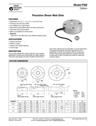 Celtron
www.vpgtransducers.com
1
Model PSD
Technical contact in Americas: lc.usa@vishaypg.com;
Europe: lc.eur@vishaypg.com; Asia: lc.asia@vishaypg.com
Document No.: 11700
Revision: 18-Jul-2012
Precision Shear Web Disk
FEATURES
•	Capacities: 0.2, 0.5, 1, 1.5, 2.5, 5, 10, and 25 tons
•	Compact size with low profile
•	Low deflection for high output
•	Electroless nickel-plated alloy tool steel construction
•	Off center load compensated
•	OIML C3 available for whole series
•	Optional
❍❍ PSD-SJTT and PSD-SJTH with different loading holes
APPLICATIONS
•	Testing machines
•	Platform scales
•	Hopper and vessel weighing
•	Truck scales
DESCRIPTION
A low profile design that makes PSD the most suitable
application concerning critical height for safety reasons.
The shear web design provides excellent performance
even when side forces are inevitable in normal operations.
The typical example for side force resistance is the
application in motor truck scales. PSD is constructed
of alloy steel and is fully potted with special chemical
compounds to IP67 to protect the cell from water and
moisture attack.
OUTLINE DIMENSIONS
CAPACITY D D1 D2 D3 H H1 R T T1 T2
0.2T/5T
mm 104.7 32.0 88.9 ---- 34.8 3.05 ----
M16 x 1.5
7.2 10.5 x 7.2DP
(inch) 4.12 1.26 3.50 ---- 1.37 0.12 ---- 0.28 0.41 x 0.28DP
10T
mm 138.0 38.9 106.4 ---- 41.1 7.62 22.2 ---- 8.7 13.5 x 9.7DP
(inch) 5.43 1.53 4.19 ---- 1.62 0.30 0.87 0.34 10.5 x 7.2DP
25T
mm 165.0 50.4 116.8 42.0 41.1 8.0 ---- ---- 10.3 15.9 x 10.2DP
(inch) 6.50 1.98 4.60 1.65 1.62 0.31 ---- 0.41 0.63 x 0.40DP
Document No.: 11700
Revision: 18-Jul-2012
Model PSD
Precision Shear Web Disk
 