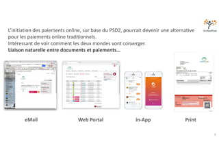 8
eMail Web Portal in-App Print
L’initiation des paiements online, sur base du PSD2, pourrait devenir une alternative
pour...