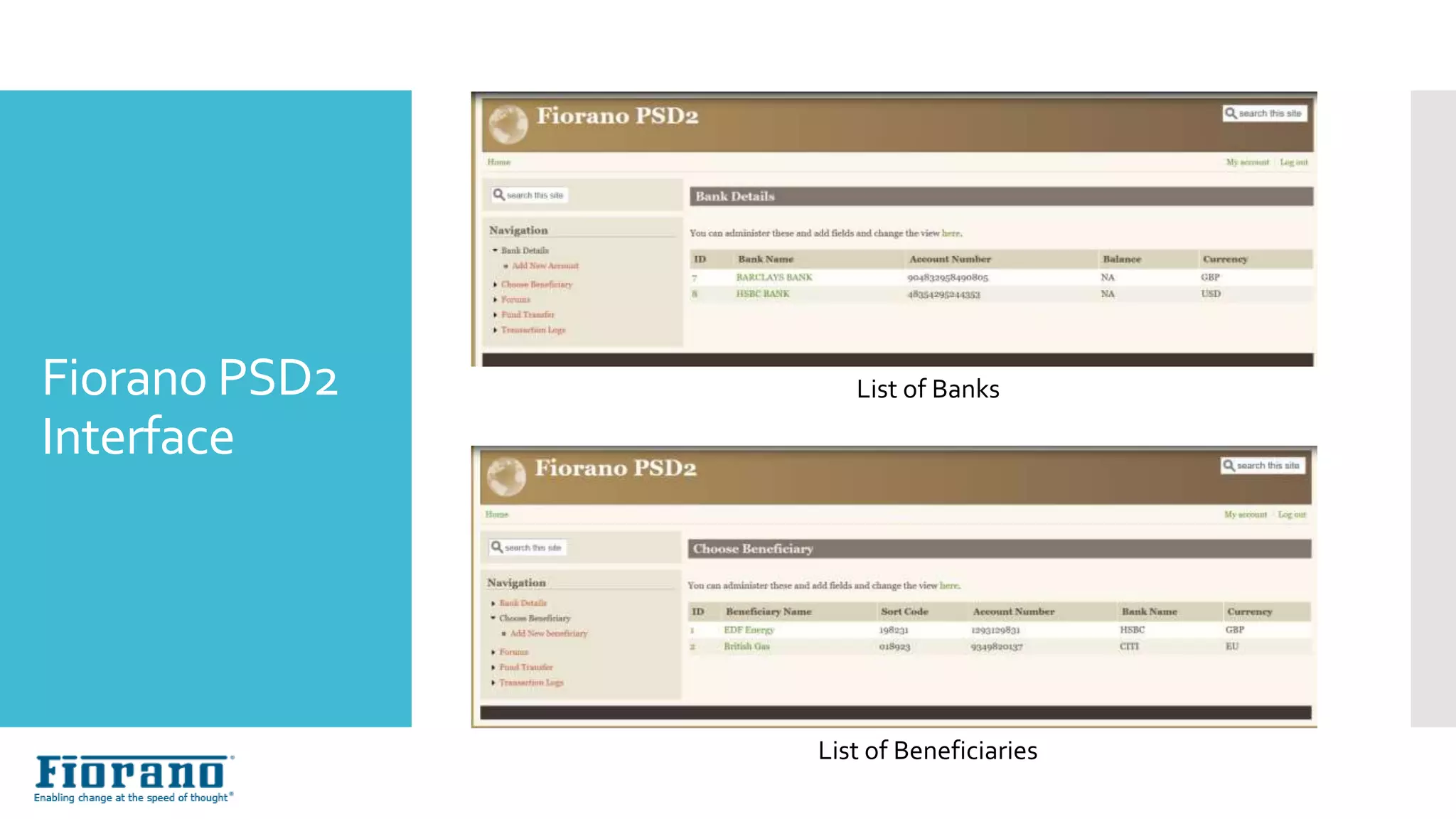 Fiorano PSD2
Interface
List of Banks
List of Beneficiaries
 