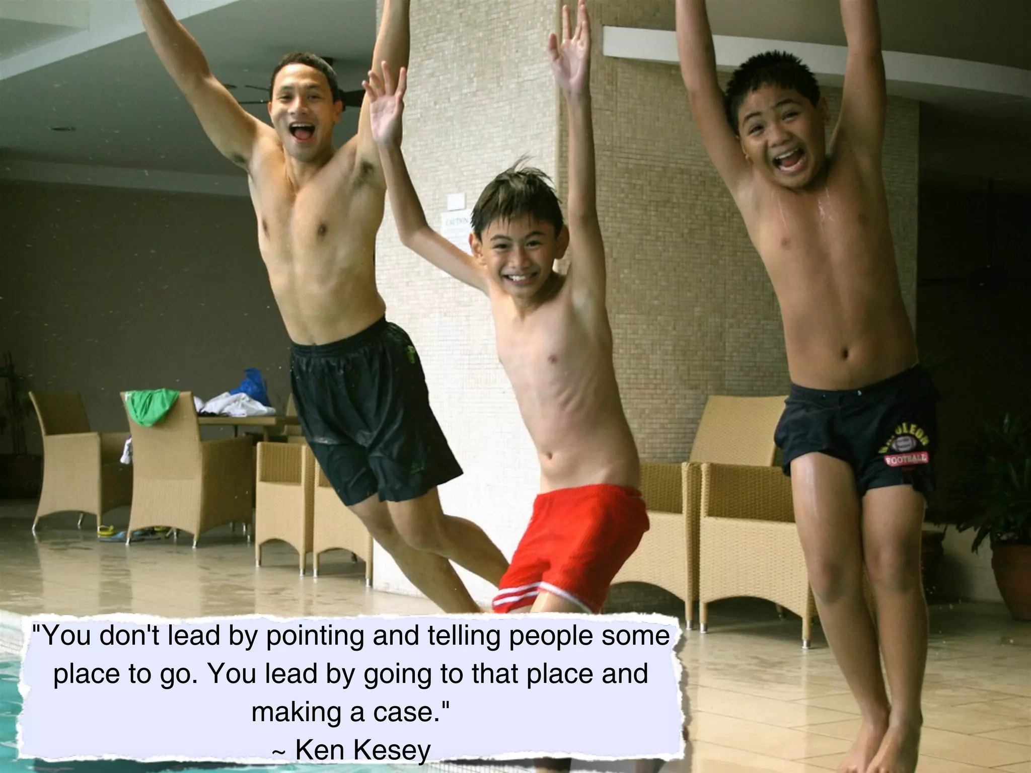 "You don't lead by pointing and telling people some
  place to go. You lead by going to that place and
                  making a case."
                    ~ Ken Kesey
 