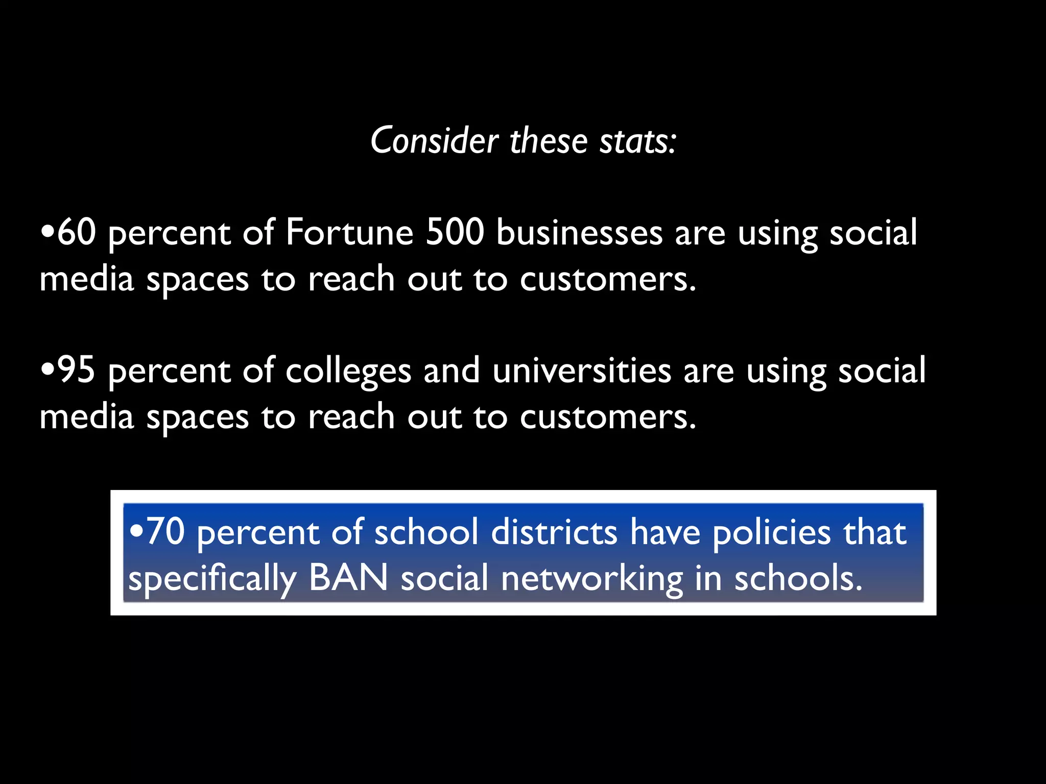 Consider these stats:

•60 percent of Fortune 500 businesses are using social
media spaces to reach out to customers.

•95 percent of colleges and universities are using social
media spaces to reach out to customers.

     •70 percent of school districts have policies that
     speciﬁcally BAN social networking in schools.
 