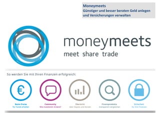 Moneymeets 
Günstiger 
und 
besser 
beraten 
Geld 
anlegen 
und 
Versicherungen 
verwalten 
 