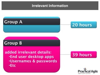 Group A
added irrelevant details:
•End user desktop apps
•Usernames & passwords
•Etc
Group B
39 hours
20 hours
Irrelevant Information
 