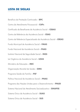 5
LISTA DE SIGLAS
Benefício da Prestação Continuada – BPC
Centro de Atendimento Psicossocial – CAPs
Certificado de Beneficente de Assistência Social – CEBAS
Centro de Referência da Assistência Social – CRAS
Centro de Referência Especializado da Assistência Social – CREAS
Fundo Municipal de Assistência Social – FMAS
Fundo Nacional de Assistência Social – FNAS
Instituto Nacional de Seguridade Social – INSS
Lei Orgânica da Assistência Social – LOAS
Ministério da Educação – MEC
Organização Mundial da Saúde – OMS
Programa Saúde da Família – PSF
Política Nacional de Assistência Social – PNAS
Programa das Nações Unidas para o Desenvolvimento – PNUD
Sistema Nacional de Atendimento Socioeducativo – SINAPSE
Sistema Único de Assistência Social – SUAS
Sistema Único de Assistência Social – SUS
 