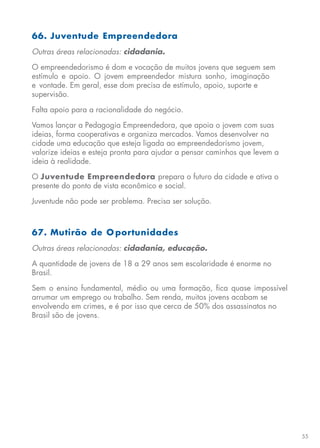 55
66. Juventude Empreendedora
Outras áreas relacionadas: cidadania.
O empreendedorismo é dom e vocação de muitos jovens que seguem sem
estímulo e apoio. O jovem empreendedor mistura sonho, imaginação
e vontade. Em geral, esse dom precisa de estímulo, apoio, suporte e
supervisão.
Falta apoio para a racionalidade do negócio.
Vamos lançar a Pedagogia Empreendedora, que apoia o jovem com suas
ideias, forma cooperativas e organiza mercados. Vamos desenvolver na
cidade uma educação que esteja ligada ao empreendedorismo jovem,
valorize ideias e esteja pronta para ajudar a pensar caminhos que levem a
ideia à realidade.
O Juventude Empreendedora prepara o futuro da cidade e ativa o
presente do ponto de vista econômico e social.
Juventude não pode ser problema. Precisa ser solução.
67. Mutirão de O portunidades
Outras áreas relacionadas: cidadania, educação.
A quantidade de jovens de 18 a 29 anos sem escolaridade é enorme no
Brasil.
Sem o ensino fundamental, médio ou uma formação, fica quase impossível
arrumar um emprego ou trabalho. Sem renda, muitos jovens acabam se
envolvendo em crimes, e é por isso que cerca de 50% dos assassinatos no
Brasil são de jovens.
 