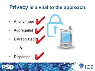 Privacy is a vital to the approach
• Anonymised
• Aggregated
• Extrapolated
&
• Dispersed
 