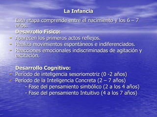 La Infancia
Esta etapa comprende entre el nacimiento y los 6 – 7
años.
Desarrollo Físico:
- Aparecen los primeros actos reflejos.
- Realiza movimientos espontáneos e indiferenciados.
- Reacciones emocionales indiscriminadas de agitación y
excitación.
Desarrollo Cognitivo:
- Período de inteligencia sesoriomotriz (0 -2 años)
- Período de la Inteligencia Concreta (2 – 7 años)
- Fase del pensamiento simbólico (2 a los 4 años)
- Fase del pensamiento Intuitivo (4 a los 7 años)
 