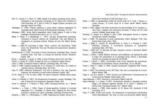Ileana Enesco (2001). Psicología del Desarrollo. www.enciclonet.es
15
Aslin, R., Jusczyk, P. y Pisoni, D. (1998). Speech and auditory processing during infancy:
Constraints on and precursors of language. En W. Damon (Ed.) Handbook of
Child Psychology. Vol. 2. (Eds.) D. Kuhn y R. Siegler Cognition, perception, and
language. Nueva York: Wiley.
Baillargeon, R. (1994). Physical reasoning in young infants: Seeking explanations for
impossible events. British Journal of Developmental Psychology, 12, 9-33.
Baillargeon (1999). Young infant’s expectations about hidden objects: A reply to three
challenges. Developmental Science, vol. 2, 2, 115-132.
Baltes, P. Reese, H. y Nesselroade, J. (1977). Life-span developmental psychology.
Introduction to research methods. Cal.: Brooks/Cole. Trad. cast. Métodos de
investigación en psicología evolutiva. Enfoque del ciclo vital. Madrid: Morata,
1981.
Belsky, J. (1990).The psychology of aging: Theory, research, and interventions. Pacific
Grove, Cal.: Brooks/Cole. Trad. cast. Psicología del envejecimiento. Barcelona:
Masson, 1996.
Bronfenbrenner, U. (1979). The ecology of human development. Cambridge, Mass.: Harvard
University Press. Trad- cast.: La ecología del desarrollo humano. Barcelona:
Paidós, 1987.
Bruner, J., Goodnow, J. y Austin, G. (1956). A study of thinking. Nueva York: John Wiley.
Cantón, J. y Cortés, M.J. (2000). El apego del niño a sus cuidadores. Madrid: Alianza.
Carey, S. (1985). Conceptual change in childhood. Cambridge, Mass.: MIT Press
Carey, S. (1990). Cognitive development. En D. Osherson y E. Smith (Eds.), An invitation to
cognitive sciences. Cambridge, Mass.: MIT Press
Case, R. (1985). Intellectual development. From birth to adulthood. Trad. cast. Desarrollo
intelectual: del nacimiento a la edad madura. Barcelona: Paidós, 1989.
Chi, M., Glaser, R. Y Farr, M. (Eds.) (1988). The nature of expertise. Hillsdale, Nueva Jersey:
LEA.
Cohen, D. y McKeith, S. (1991). The development of imagination. Londres: Routledge. Trad.
cast. El desarrollo de la imaginación. Barcelona: Paidós, 1993.
Corral, A., Gutierrez, F. Y Herranz, P. (Eds.) (1997). Psicología Evolutiva. Vol. 1. Madrid:
Uned.
Cosmides, L. y Tooby, J. (1994). Origins of domain-specificity: Evolution of functional
organization. En L. Hirschfeld y S. Gelman (Eds.), Mapping the mind: domain
specificity in cognition and culture. Cambridge: Cambridge University Press.
Deloache, J., Miller, K. y Pierroutsakos, S. (1998). Reasoning and problem solving. En W.
Damon (Ed.) Handbook of Child Psychology. Vol. 2.
Delval, J. (1989). La representación infantil del mundo social. En E. Turiel, I. Enesco y J.
Linaza (Comps.). El mundo social en la mente infantil. Madrid: Alianza
Psicología.
Delval, J. (1994). Stages in the child’s construction of social knowledge. En M. Carretero y J.
Voss (Eds.), Cognitive and instructional processes in history and the social
sciences. Hillsdale, Nueva Jersey: LEA.
Demetriou, A., Shayer, M. y Efklides, A. (Eds.) (1992). Neopiagetian theories of cognitive
development. Londres: Routledge.
Dunn, J. (1988). The beginnings of social understanding. Oxford: Blackwell. (Trad. Cast.
Buenos Aires: Nueva Visión, 1993).
Elman, J., Bates, E., Johnson, M., Karmiloff-Smith, A., Parisi, D. Y Plunkett, K. (1997).
Rethinking innateness. A connectionist perspective on development.
Cambridge, Mass.: MIT Press.
Enesco, I. (2003) (Ed.). El desarrollo del bebé. Cognición, emoción y afectividad. Madrid:
Alianza editorial.
Enesco, I. y Delval, J. (2006). Módulos, dominios y otros artefactos. Las explicaciones sobre
el origen del conocimiento en la psicología actual Infancia y Aprendizaje.
(Artículo con comentario de pares) 29, (3) 249-268
Enesco, I. y Delval, J. (2006). Conocimiento innato versus desarrollo del conocimiento.
Respuesta a los comentarios. Infancia y Aprendizaje.. 29, (3), 289-296.
Flavell, J., Miller, P. y Miller, S. (1993). Cognitive development. Englewood Cliffs: Prentice-
Hall.
Fodor, J. (1983). The modularity of mind. MIT Press. Trad. cast. La modularidad de la mente.
Madrid: Morata, 1986.
Fogel, A., Lyra, M. y Valsiner, J. (1997). Dynamics and indeterminism in developmental and
social processes. Mahwah, Nueva Jersey: LEA.
García Madruga, J. (1991). Desarrollo y conocimiento. Madrid: Siglo XXI.
García Madruga, J. y Lacasa, P.(1997). Concepciones teóricas en psicología evolutiva.
Piaget y los enfoques cognitivos actuales. En A. Corral, F. Gutiérrez y P.
Herranz (Eds.) Psicología Evolutiva. Vol. 1. Madrid: UNED.
Haith, M. y Benson, J. (1998). Infant cognition. En W. Damon (Ed.) Handbook of Child
Psychology. Vol. 2.
Harris, P. (1989). Children and emotion. The development of psychological understanding.
Oxford: Basil Blackwell. Trad. Cast. Los niños y las emociones. Madrid: Alianza,
 