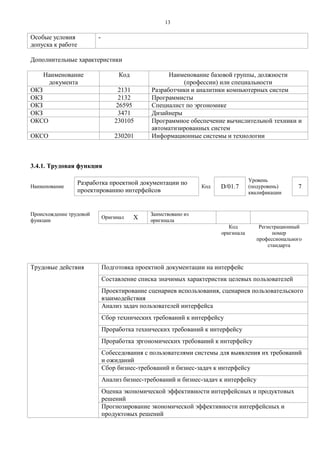 1 3 
Особые условия допуска к работе 
- 
Дополнительные характеристики 
Наименование документа 
Код 
Наименование базовой группы, должности (профессии) или специальности 
ОКЗ 
2131 
Разработчики и аналитики компьютерных систем 
ОКЗ 
2132 
Программисты 
ОКЗ 
26595 
Специалист по эргономике 
ОКЗ 
3471 
Дизайнеры 
ОКСО 
230105 
Программное обеспечение вычислительной техники и автоматизированных систем 
ОКСО 
230201 
Информационные системы и технологии 
3.4.1. Трудовая функция 
Наименование 
Разработка проектной документации по проектированию интерфейсов 
Код 
D/01.7 
Уровень (подуровень) квалификации 
7 
Происхождение трудовой функции 
Оригинал 
X 
Заимствовано из оригинала 
Код оригинала 
Регистрационный номер профессионального стандарта 
Трудовые действия 
Подготовка проектной документации на интерфейс 
Составление списка значимых характеристик целевых пользователей 
Проектирование сценариев использования, сценариев пользовательского взаимодействия 
Анализ задач пользователей интерфейса 
Сбор технических требований к интерфейсу 
Проработка технических требований к интерфейсу 
Проработка эргономических требований к интерфейсу 
Собеседования с пользователями системы для выявления их требований и ожиданий 
Сбор бизнес-требований и бизнес-задач к интерфейсу 
Анализ бизнес-требований и бизнес-задач к интерфейсу Оценка экономической эффективности интерфейсных и продуктовых решений Прогнозирование экономической эффективности интерфейсных и продуктовых решений  