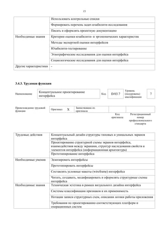 1 5 
Использовать контрольные списки 
Формировать перечень задач юзабилити-исследования 
Писать и оформлять проектную документацию 
Необходимые знания 
Критерии оценки юзабилити- и эргономических характеристик 
Методы экспертной оценки интерфейсов 
Юзабилити-тестирование 
Этнографические исследования для оценки интерфейса 
Социологические исследования для оценки интерфейса 
Другие характеристики 
- 
3.4.3. Трудовая функция 
Наименование 
Концептуальное проектирование интерфейса 
Код 
D/03.7 
Уровень (подуровень) квалификации 
7 
Происхождение трудовой функции 
Оригинал 
X 
Заимствовано из оригинала 
Код оригинала 
Регистрационный номер профессионального стандарта 
Трудовые действия 
Концептуальный дизайн структуры типовых и уникальных экранов интерфейса 
Проектирование структурной схемы экранов интерфейса, взаимодействия между экранами, структур наследования свойств и элементов интерфейса (информационная архитектура) 
Прототипирование интерфейса 
Необходимые умения 
Эскизировать интерфейсы 
Прототипировать интерфейсы 
Составлять условные макеты (wireframe) интерфейса 
Читать, создавать, модифицировать и оформлять структурные схемы интерфейса 
Необходимые знания 
Техническая эстетика в рамках визуального дизайна интерфейса 
Системы классификации признаков и их применимость 
Нотации записи структурных схем, описания логики работы приложения 
Требования по проектированию соответствующих платформ и операционных систем  