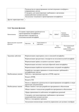 1 6 
Руководства по проектированию соответствующих платформ и операционных систем 
Стандарты, регламентирующие требования к эргономике взаимодействия человек-система 
Актуальные тенденции в проектировании интерфейсов 
Другие характеристики 
- 
3.4.4. Трудовая функция 
Наименование 
Создание структурных руководств по проектированию интерфейса и продуктовых стандартов на пользовательский интерфейс 
Код 
D/04.7 
Уровень (подуровень) квалификации 
7 
Происхождение трудовой функции 
Оригинал 
X 
Заимствовано из оригинала 
Код оригинала 
Регистрационный номер профессионального стандарта 
Трудовые действия 
Формализация структурных схем и описаний интерфейса 
Формализация продуктовых стандартов на пользовательский интерфейс 
Формализация правил создания отдельных экранов 
Формализация системы и методов обратной связи интерфейса 
Формализация отработки исключительных ситуаций интерфейса 
Разработка глоссария терминов и стилистических требований к интерфейсным текстам 
Необходимые умения 
Работать с программами верстки и HTML-верстки 
Владеть HTML 
Владеть CSS 
Писать и оформлять руководства по проектированию интерфейса и иную проектную документацию 
Необходимые знания 
Общие знания о методах разработки программного обеспечения 
Общие знания о технологиях разработки программного обеспечения 
Сферы применимости шаблонных интерфейсных решений 
Стандарты, регламентирующие требования к эргономике взаимодействия человек-система 
Работа с глоссариями терминов 
Актуальная номенклатура элементов управления для целевых платформ  