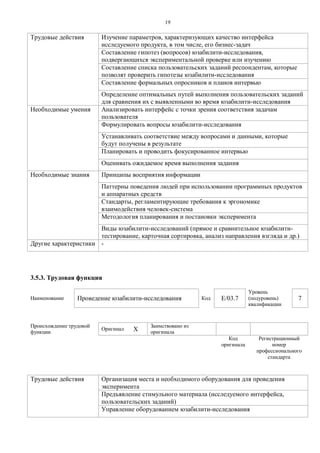 1 9 
Трудовые действия 
Изучение параметров, характеризующих качество интерфейса исследуемого продукта, в том числе, его бизнес-задач 
Составление гипотез (вопросов) юзабилити-исследования, подвергающихся экспериментальной проверке или изучению 
Составление списка пользовательских заданий респондентам, которые позволят проверить гипотезы юзабилити-исследования 
Составление формальных опросников и планов интервью 
Определение оптимальных путей выполнения пользовательских заданий для сравнения их с выявленными во время юзабилити-исследования 
Необходимые умения 
Анализировать интерфейс с точки зрения соответствия задачам пользователя 
Формулировать вопросы юзабилити-исследования 
Устанавливать соответствие между вопросами и данными, которые будут получены в результате 
Планировать и проводить фокусированное интервью 
Оценивать ожидаемое время выполнения задания 
Необходимые знания 
Принципы восприятия информации 
Паттерны поведения людей при использовании программных продуктов и аппаратных средств 
Стандарты, регламентирующие требования к эргономике взаимодействия человек-система 
Методология планирования и постановки эксперимента 
Виды юзабилити-исследований (прямое и сравнительное юзабилити- тестирование, карточная сортировка, анализ направления взгляда и др.) 
Другие характеристики 
- 
3.5.3. Трудовая функция 
Наименование 
Проведение юзабилити-исследования 
Код 
E/03.7 
Уровень (подуровень) квалификации 
7 
Происхождение трудовой функции 
Оригинал 
X 
Заимствовано из оригинала 
Код оригинала 
Регистрационный номер профессионального стандарта 
Трудовые действия 
Организация места и необходимого оборудования для проведения эксперимента 
Предъявление стимульного материала (исследуемого интерфейса, пользовательских заданий) 
Управление оборудованием юзабилити-исследования  