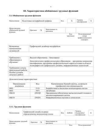 4 
III. Характеристика обобщенных трудовых функций 
3.1. Обобщенная трудовая функция 
Наименование 
Подготовка интерфейсной графики 
Код 
A 
Уровень квалификации 
6 
Происхождение обобщенной трудовой функции 
Оригинал 
X 
Заимствовано из оригинала 
Код оригинала 
Регистрационный номер профессионального стандарта 
Возможные наименования должностей 
Графический дизайнер интерфейсов 
Требования к образованию и обучению 
Высшее образование – бакалавриат 
Дополнительное профессиональное образование – программы повышения квалификации, программы профессиональной переподготовки в области полиграфии или графического дизайна, информационных технологий 
Требования к опыту практической работы 
- 
Особые условия допуска к работе 
- 
Дополнительные характеристики 
Наименование документа 
Код 
Наименование базовой группы, должности (профессии) или специальности 
ОКЗ 
2131 
Разработчики и аналитики компьютерных систем 
ОКЗ 
3471 
Дизайнеры 
ОКСО 
230105 
Программное обеспечение вычислительной техники и автоматизированных систем 
ОКСО 
230201 
Информационные системы и технологии 
3.1.1. Трудовая функция 
Наименование 
Графический дизайн по ранее определенному визуальному стилю 
Код 
A/01.6 
Уровень (подуровень) квалификации 
6 
Происхождение трудовой функции 
Оригинал 
X 
Заимствовано из оригинала 
Код 
Регистрационный  
