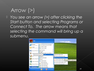  You see an arrow (>) after clicking the
Start button and selecting Programs or
Connect To. The arrow means that
selecting the command will bring up a
submenu.
29
 