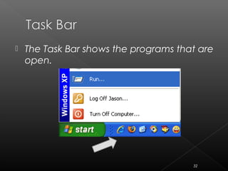  The Task Bar shows the programs that are
open.
32
 