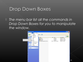  The menu bar list all the commands in
Drop Down Boxes for you to manipulate
the window.
44
 