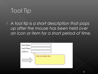  A tool tip is a short description that pops
up after the mouse has been held over
an icon or item for a short period of time.
46
 