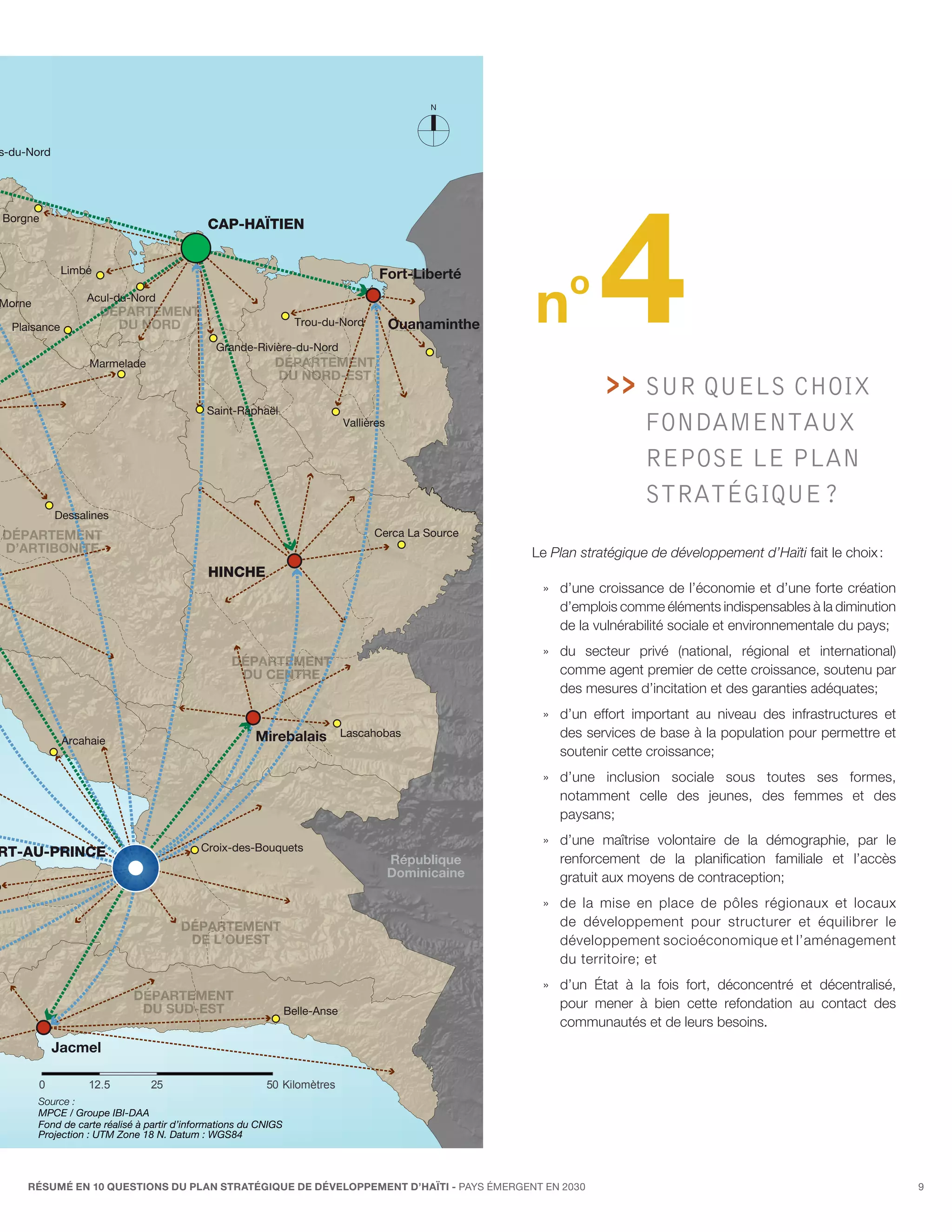 s-du-Nord




                                                                                                                   4
Borgne
                                             CAP-HAÏTIEN



                                                                                                              o
              Limbé                                                                  Fort-Liberté
Morne

  Plaisance
                  Acul-du-Nord
                      DÉPARTEMENT
                        DU NORD                                    Trou-du-Nord

                                               Grande-Rivière-du-Nord
                                                                                          Ouanaminthe   n
                   Marmelade                                DÉPARTEMENT
                                                            DU NORD-EST
                                                                                                                       SUR QUELS CHOIX
                                                                                                                         
                                             Saint-Raphaël
                                                                              Vallières                                    FONDAMENTAUX
                                                                                                                           REPOSE LE PLAN
                                                                                                                           STRATÉGIQUE ?
            Dessalines
DÉPARTEMENT                                                                         Cerca La Source
D’ARTIBONITE                                                                                            Le Plan stratégique de développement d’Haïti fait le choix :
                                             HINCHE
                                                                                                         »» d’une croissance de l’économie et d’une forte création
                                                                                                            d’emplois comme éléments indispensables à la diminution
                                                                                                            de la vulnérabilité sociale et environnementale du pays;
                                                                                                         »» du secteur privé (national, régional et international)
                                                  DÉPARTEMENT
                                                   DU CENTRE                                                comme agent premier de cette croissance, soutenu par
                                                                                                            des mesures d’incitation et des garanties adéquates;
                                                                                                         »» d’un effort important au niveau des infrastructures et
                                                       Mirebalais             Lascahobas                    des services de base à la population pour permettre et
              Arcahaie
                                                                                                            soutenir cette croissance;
                                                                                                         »» d’une inclusion sociale sous toutes ses formes,
                                                                                                            notamment celle des jeunes, des femmes et des
                                                                                                            paysans;

                                           Croix-des-Bouquets
                                                                                                         »» d’une maîtrise volontaire de la démographie, par le
RT-AU-PRINCE                                                                                                renforcement de la planification familiale et l’accès
                                                                                          République
                                                                                          Dominicaine       gratuit aux moyens de contraception;
                                                                                                         » » de la mise en place de pôles régionaux et locaux
                                       DÉPARTEMENT                                                           de développement pour structurer et équilibrer le
                                        DE L’OUEST                                                           développement socioéconomique et l’aménagement
                                                                                                             du territoire; et
                                                                                                         »» d’un État à la fois fort, déconcentré et décentralisé,
                             DÉPARTEMENT
                              DU SUD-EST                         Belle-Anse
                                                                                                            pour mener à bien cette refondation au contact des
                                                                                                            communautés et de leurs besoins.
            Jacmel

        0          12.5         25                        50 Kilomètres
        Source :
        MPCE / Groupe IBI-DAA
        Fond de carte réalisé à partir d’informations du CNIGS
        Projection : UTM Zone 18 N. Datum : WGS84




     RÉSUMÉ EN 10 QUESTIONS DU plan stratégique de développement d’haïti - pays émergent en 2030                                                                       9
 