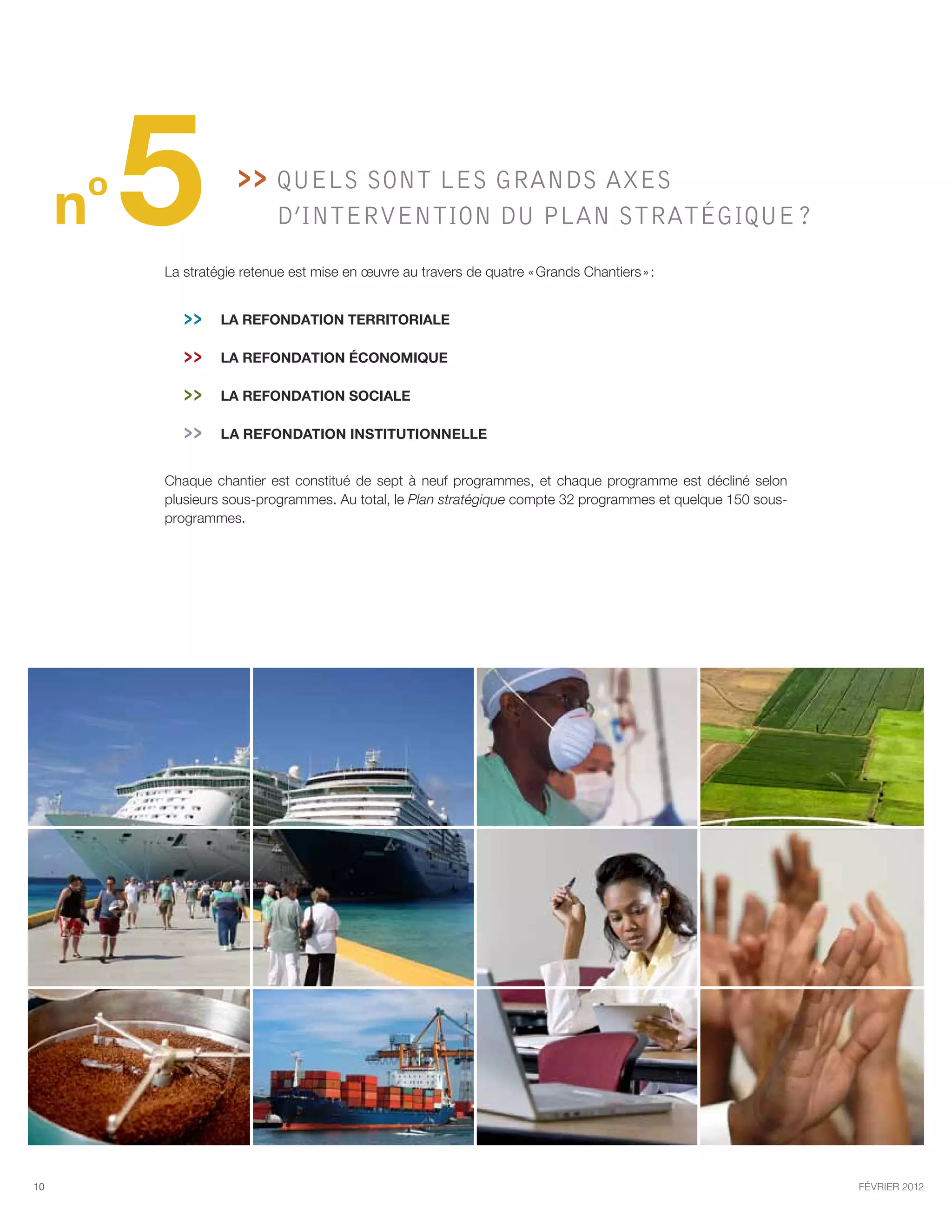 o
     n   5              Quels sont les grands axes
                           d’intervention du Plan stratégique ?

         La stratégie retenue est mise en œuvre au travers de quatre « Grands Chantiers » :


                la refondation territoriale

                la refondation économique

                la refondation sociale

                la refondation institutionnelle


         Chaque chantier est constitué de sept à neuf programmes, et chaque programme est décliné selon
         plusieurs sous-programmes. Au total, le Plan stratégique compte 32 programmes et quelque 150 sous-
         programmes.




10                                                                                                            février 2012
 