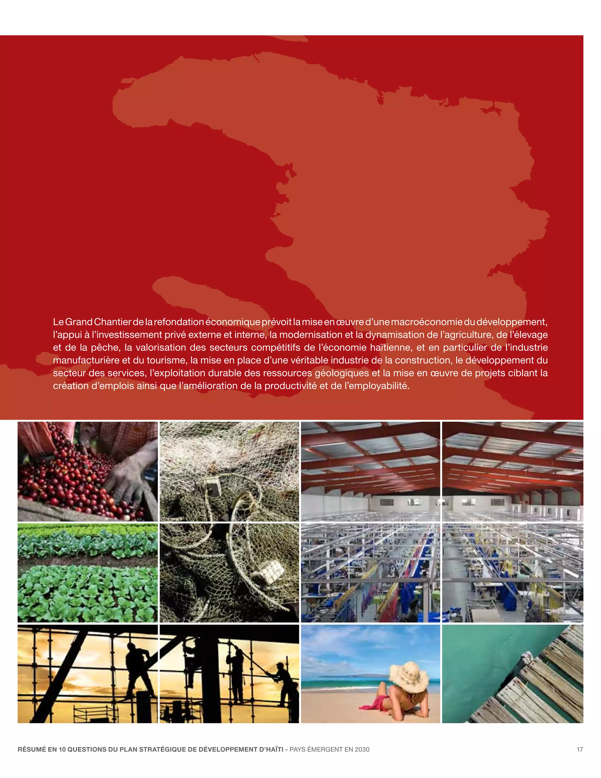 Le Grand Chantier de la refondation économique prévoit la mise en œuvre d’une macroéconomie du développement,
         l’appui à l’investissement privé externe et interne, la modernisation et la dynamisation de l’agriculture, de l’élevage
         et de la pêche, la valorisation des secteurs compétitifs de l’économie haïtienne, et en particulier de l’industrie
         manufacturière et du tourisme, la mise en place d’une véritable industrie de la construction, le développement du
         secteur des services, l’exploitation durable des ressources géologiques et la mise en œuvre de projets ciblant la
         création d’emplois ainsi que l’amélioration de la productivité et de l’employabilité.




RÉSUMÉ EN 10 QUESTIONS DU plan stratégique de développement d’haïti - pays émergent en 2030                                        17
 