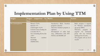 Public
Implementation Plan by Using TTM
Stages Stages supported by
data
Media Action
Pre-contemplation Wasted =79.4%
Stunted= 9%
Underweight= 46.4%
Exclusive breast feeding for
6 months=66.1%
Not consuming diverse diet
=50%
Maternal nutrition
knowledge
(NDHS 2016)
Introductory Radio Nutrition
program at daytime
Television Nutrition program at
nighttime
Development of caller back
tune, collaboration with NTC
NCELL and SMART cell
Radio program is targeted
for Women’s reproductive
age group (WRA)
Television program is
targeted for Husbands
group who has decision
making power in home.
The program will run for 6
months
11/30/2021 20
 